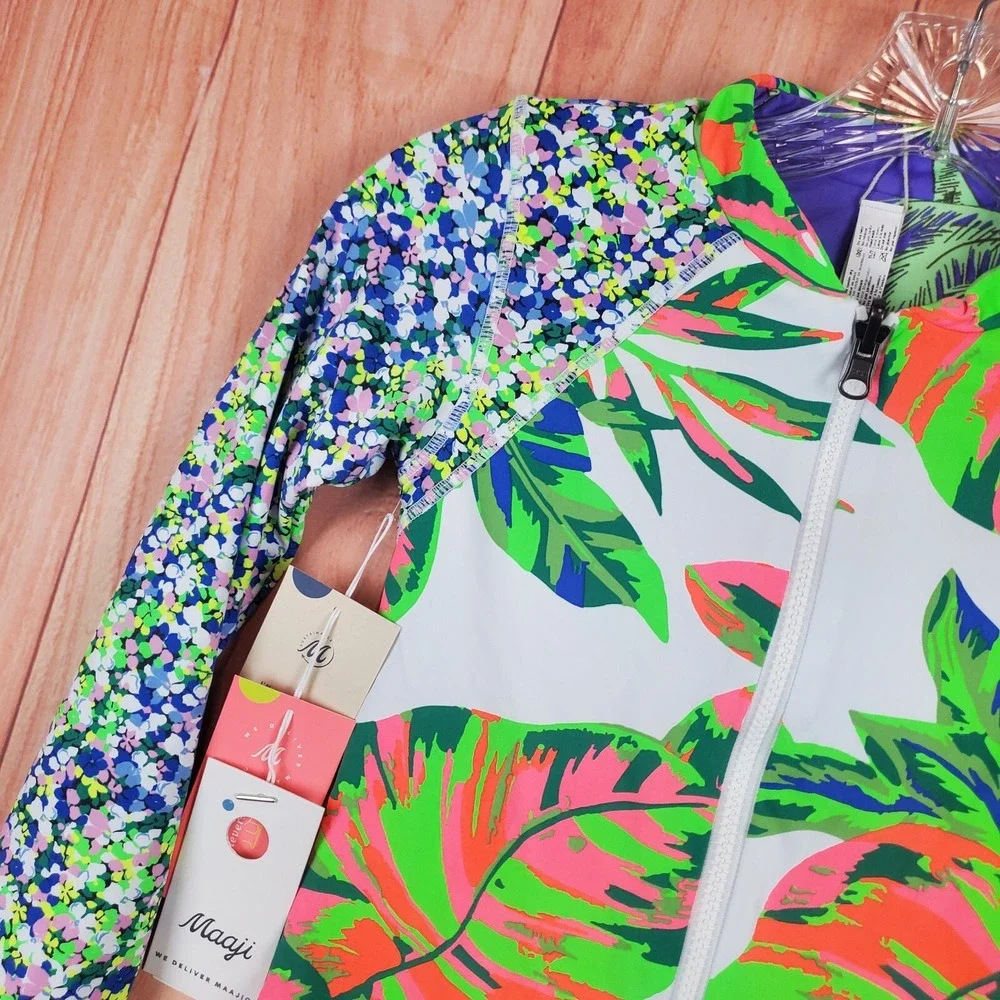 Maaji Girls Swim Top Sz 10 Multi Floral Stretch Reversible Full Zip Long Sleeve